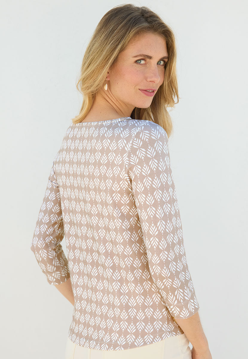 Suzi 3 Quarter Sleeve Cotton Top - Summer Almond Flattering Boat Neck Style Soft Stretch Fabric Back View
