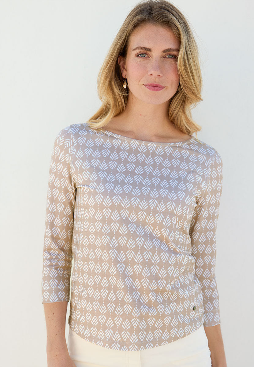 Suzi 3 Quarter Sleeve Cotton Top - Summer Almond Flattering Boat Neck Style Soft Stretch Fabric