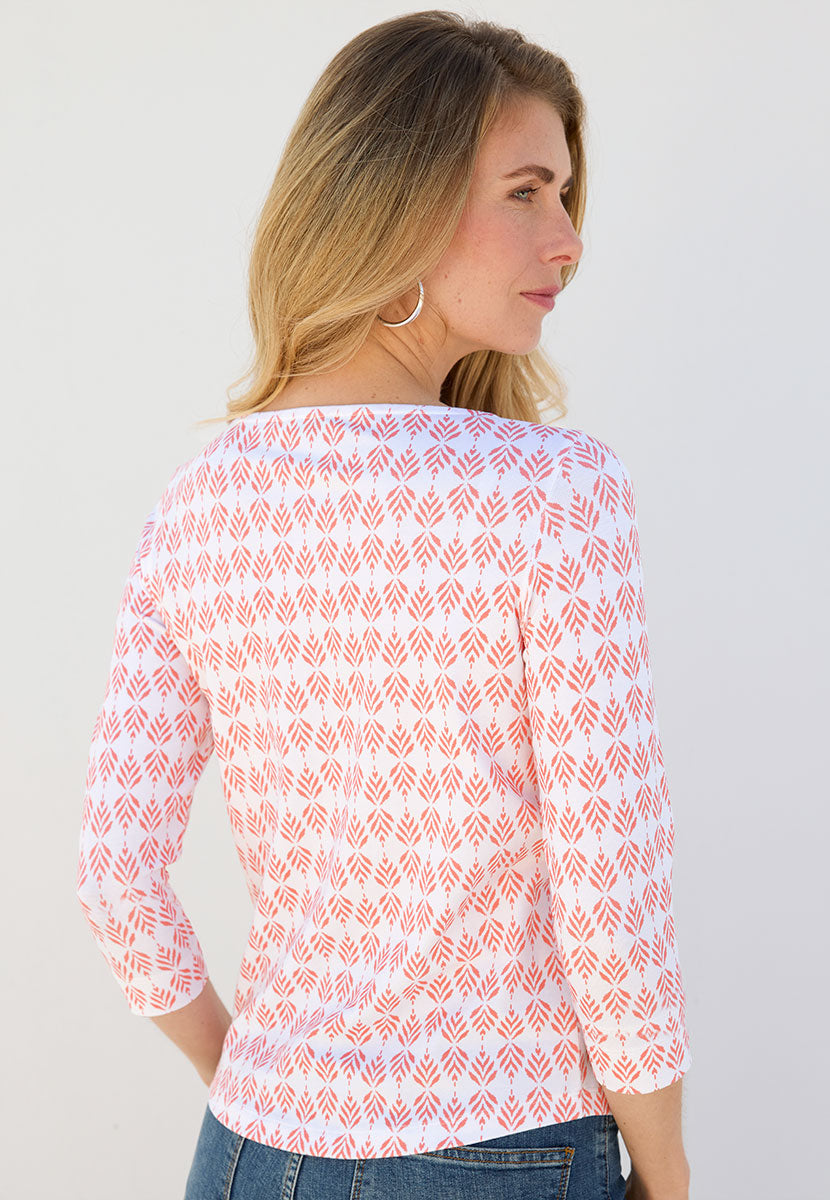Suzi 3 Quarter Sleeve Cotton Top - Summer Coral Flattering Boat Neck Style Soft Stretch Fabric Back View