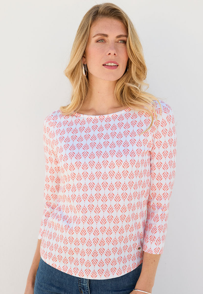 Suzi 3 Quarter Sleeve Cotton Top - Summer Coral Flattering Boat Neck Style Soft Stretch Fabric