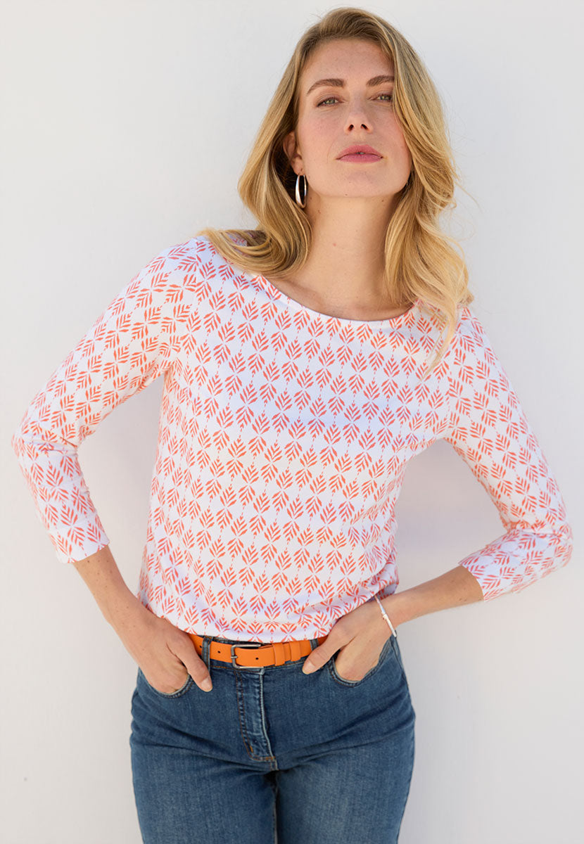 Suzi 3 Quarter Sleeve Cotton Top - Summer Coral Flattering Boat Neck Style Soft Stretch Fabric Front Alt