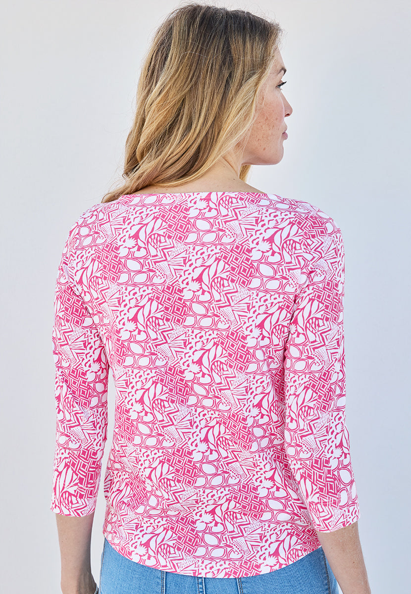 Suzi 3/4 Sleeve Boat Neck Cotton Top - Summer Pink Print