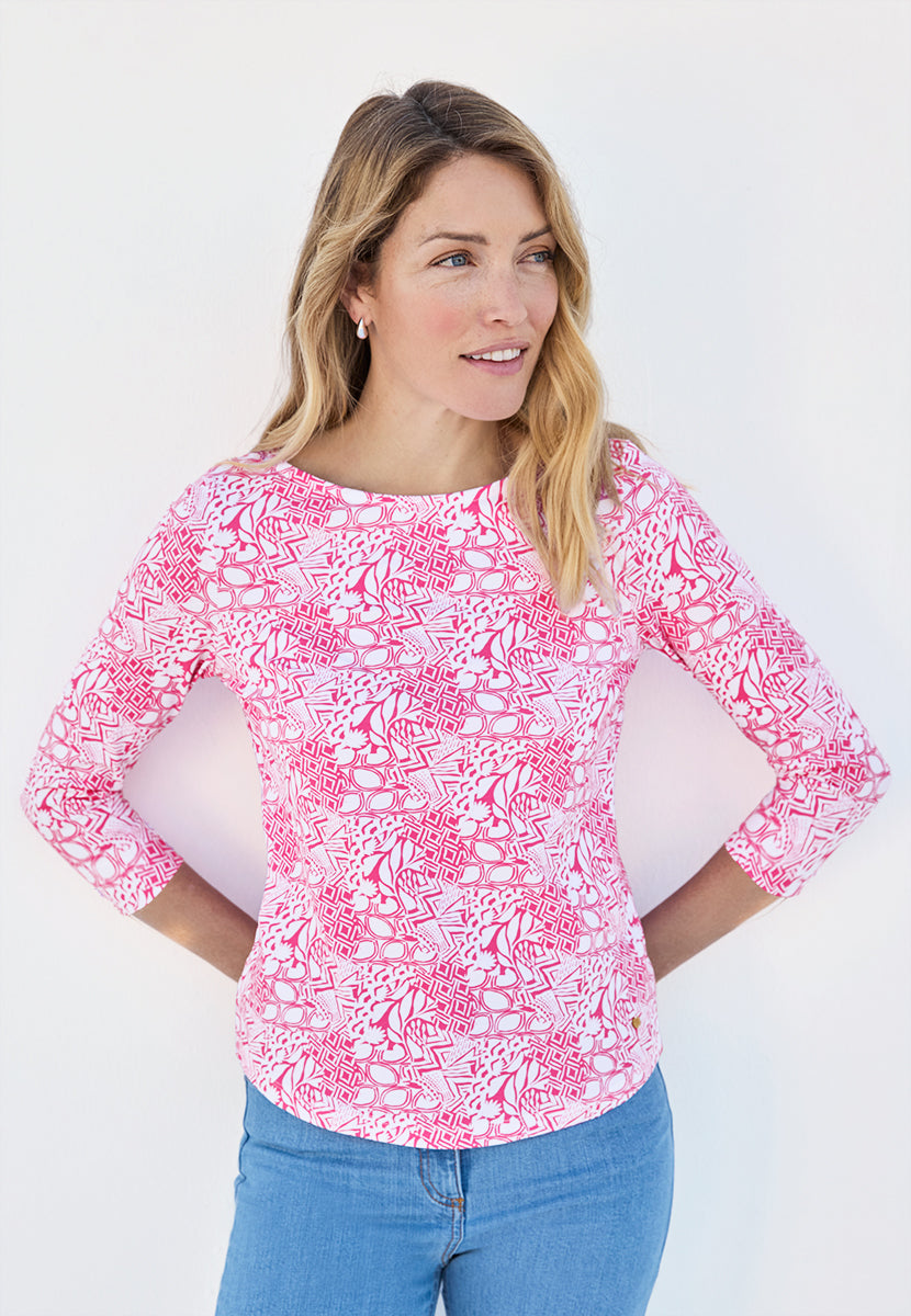 Suzi 3/4 Sleeve Boat Neck Cotton Top - Summer Pink Print