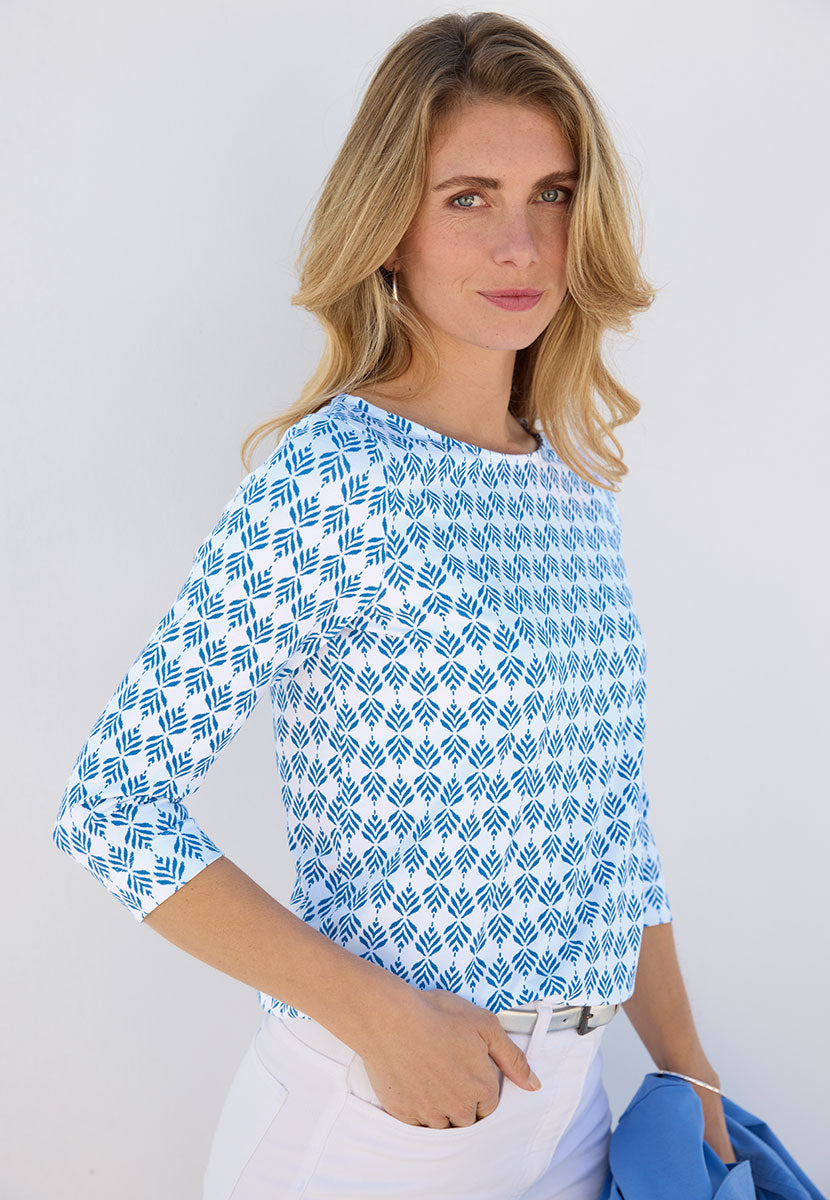 Suzi 3 Quarter Sleeve Cotton Top - True Blue Flattering Boat Neck Style Soft Stretch Fabric Alt View