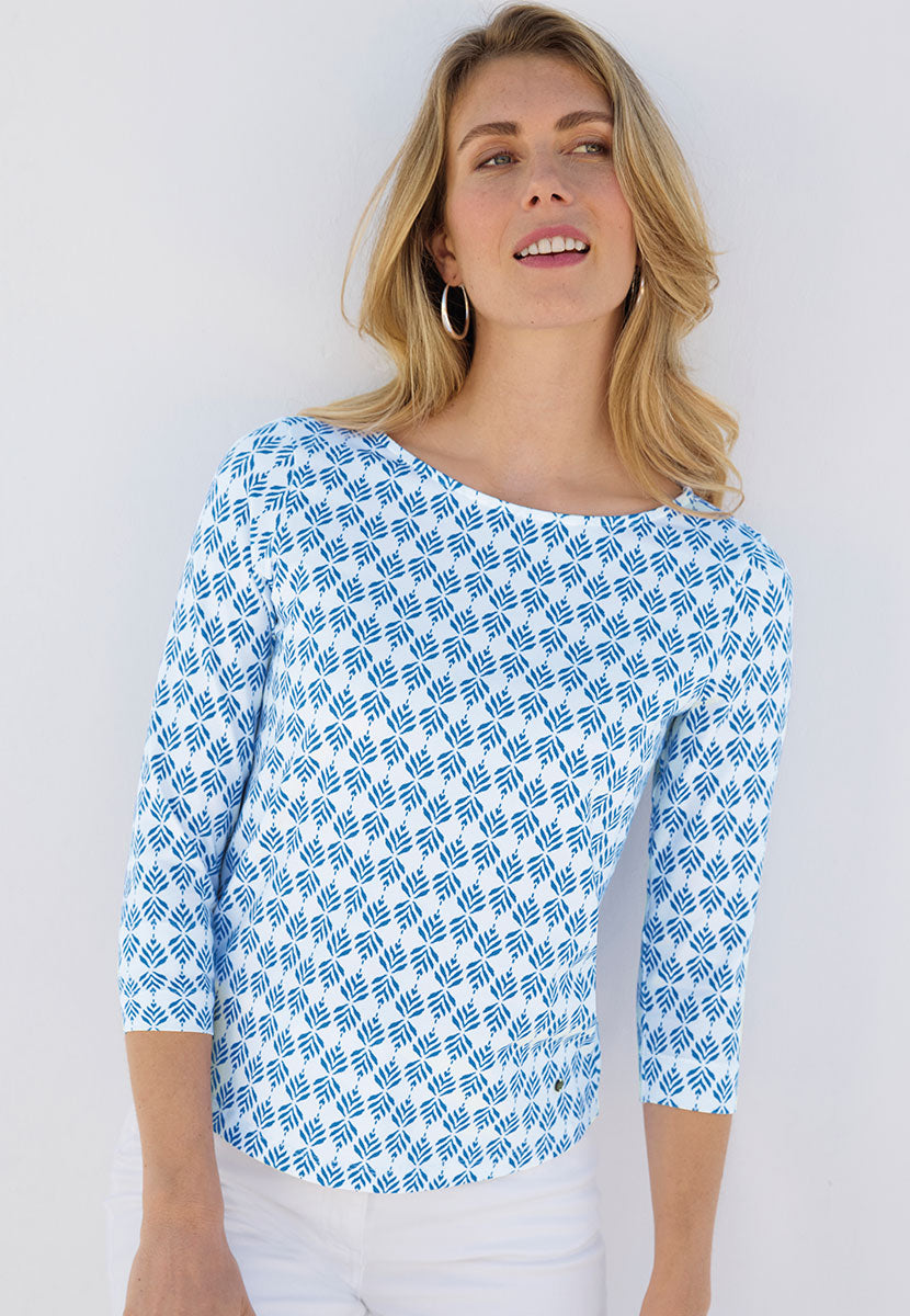 Suzi 3 Quarter Sleeve Cotton Top - True Blue Flattering Boat Neck Style Soft Stretch Fabric