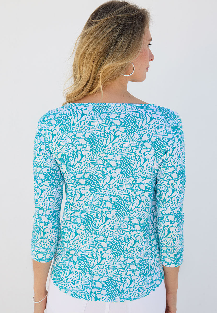 Suzi 3 Quarter Sleeve Cotton Top - Turquoise Blue Flattering Boat Neck Style Soft Stretch Fabric Back View