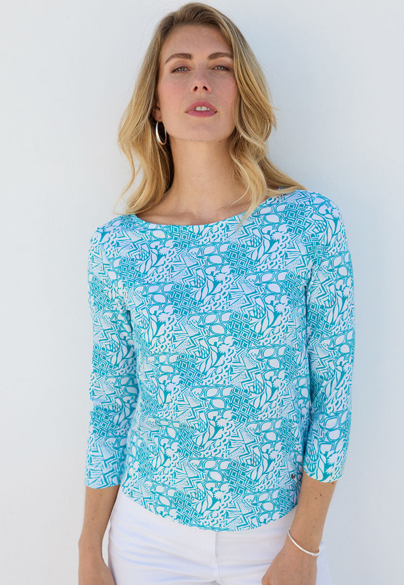 Suzi 3 Quarter Sleeve Cotton Top - Turquoise Blue Flattering Boat Neck Style Soft Stretch Fabric
