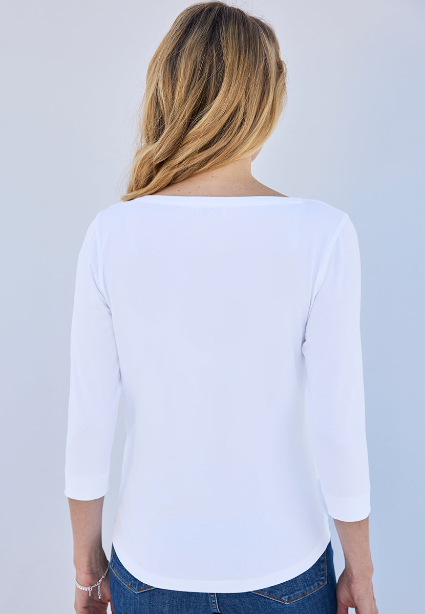 Suzi 3/4 Sleeve Boat Neck Cotton Top - White