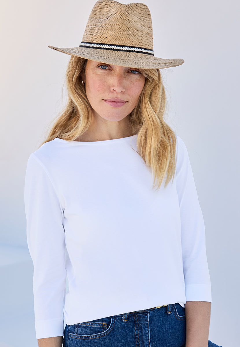 Suzi 3/4 Sleeve Boat Neck Cotton Top - White
