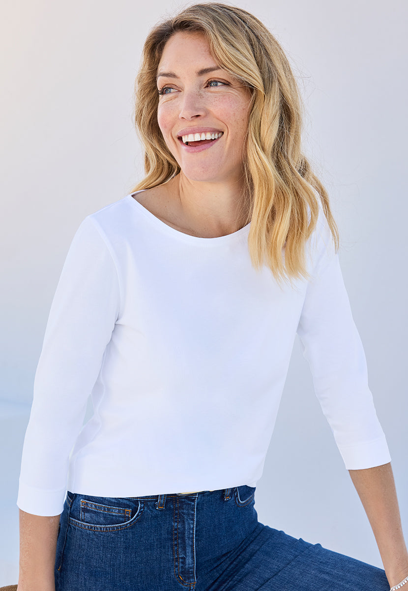 Suzi 3/4 Sleeve Boat Neck Cotton Top - White