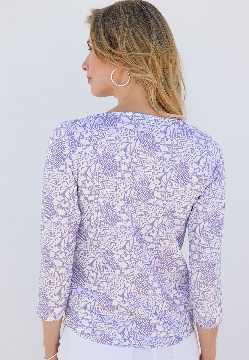 Suzi 3 Quarter Sleeve Cotton Top - Wisteria Purple Flattering Boat Neck Style Soft Stretch Fabric Back View