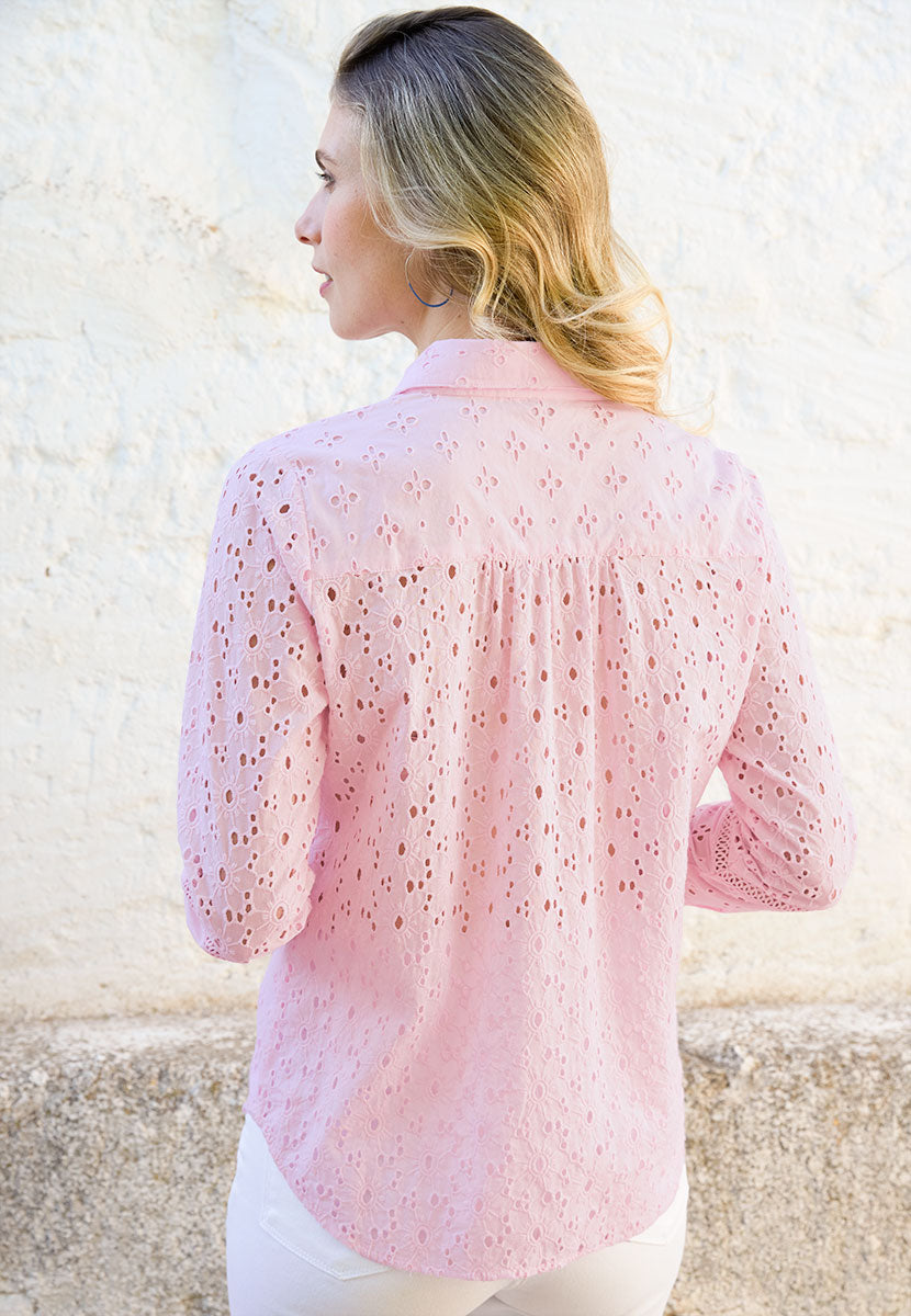 Tallulah Broderie Long Sleeve Cotton Blouse - Blossom Pink Lace Trim Detail Back View