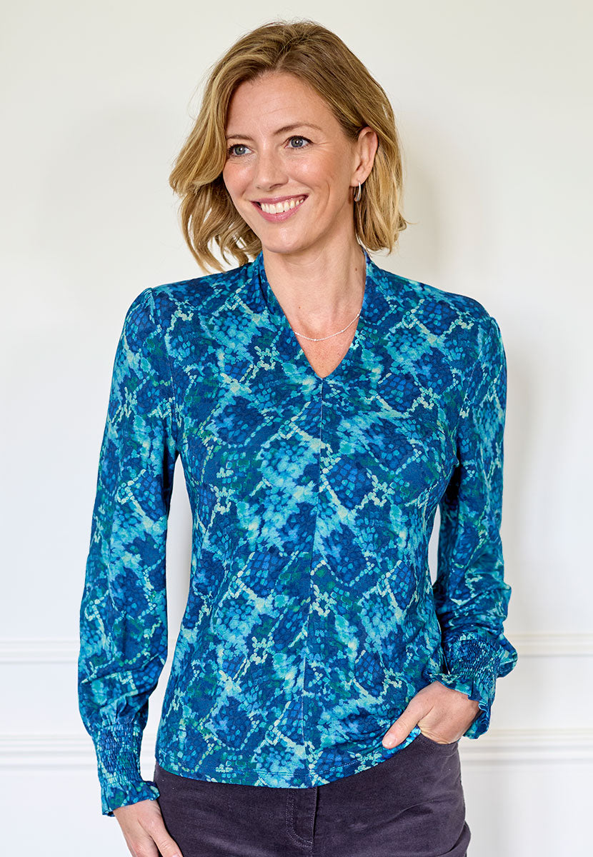 Tamara Long Sleeve V-Neck Top - Veneta Print Update Of Best Selling Top Semi Fitted Shape Deep V-Neck Front Raised Back and Deep Smocked Cuffs Front Alt View