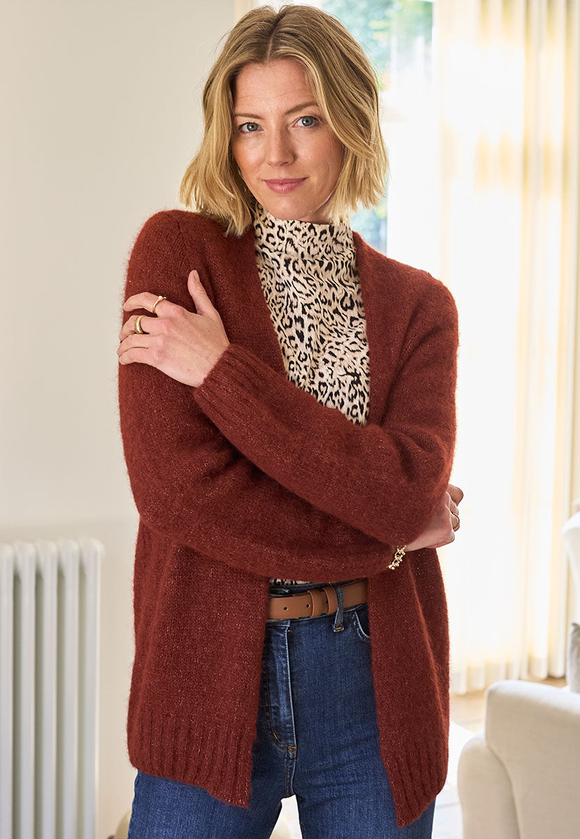 Tara Long Sleeve Alpaca Blend Cardigan - Chestnut Front Posed View