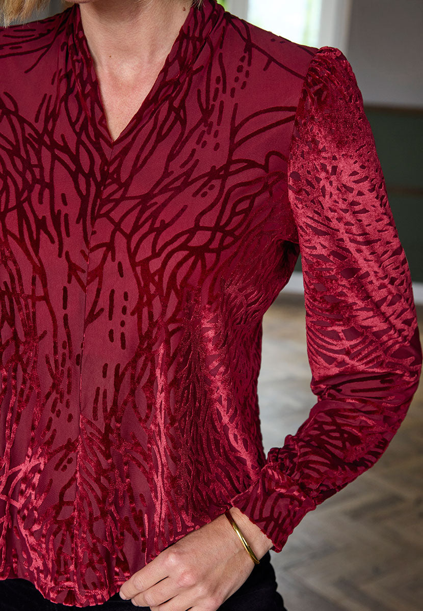 Tamsin Long Sleeve V-Neck Devore Top - Cherry Jersey V-Neck Close View