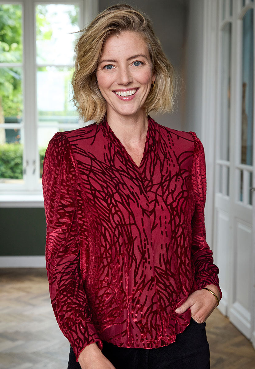 Tamsin Long Sleeve V-Neck Devore Top - Cherry Jersey V-Neck Front Alt View
