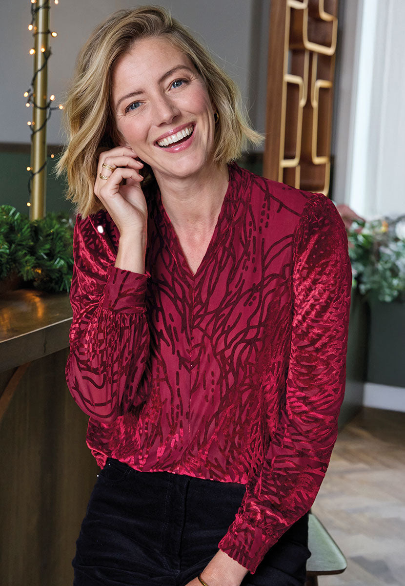 Tamsin Long Sleeve V-Neck Devore Top - Cherry Jersey V-Neck Front View
