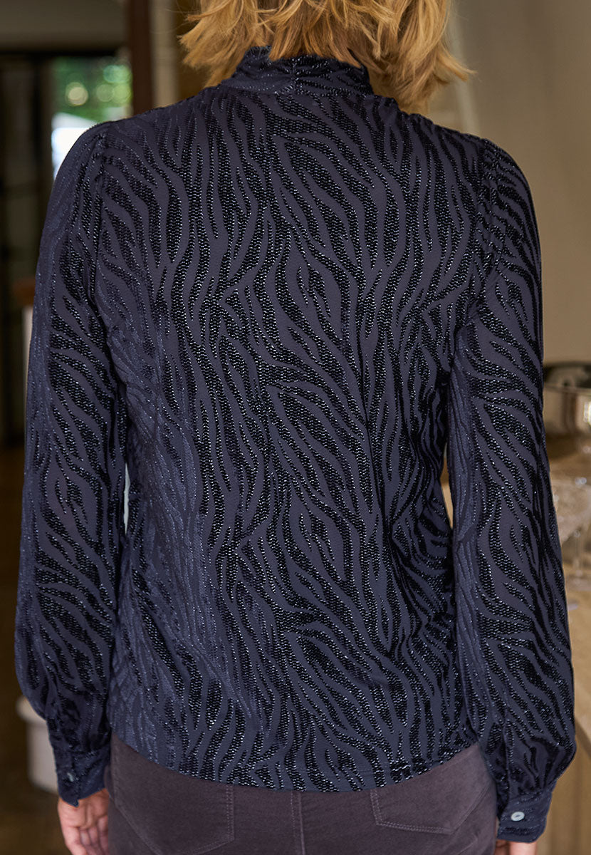 Tamsin Long Sleeve V-Neck Devoré Top - Navy Back View