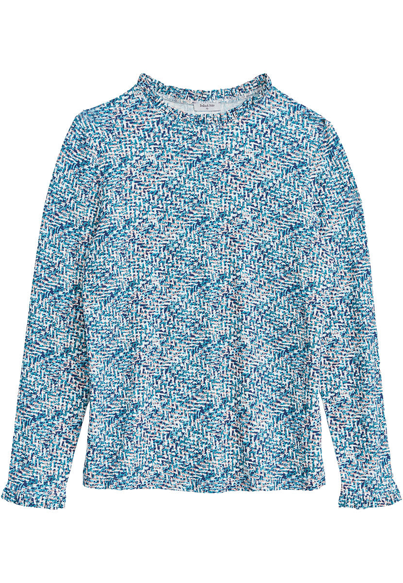 Bobbi Long Sleeve Frill Top - Teal Print