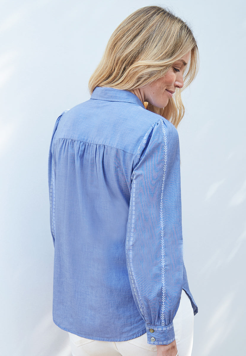 Thea Pure Cotton Embroidered Shirt - Chambray Blue