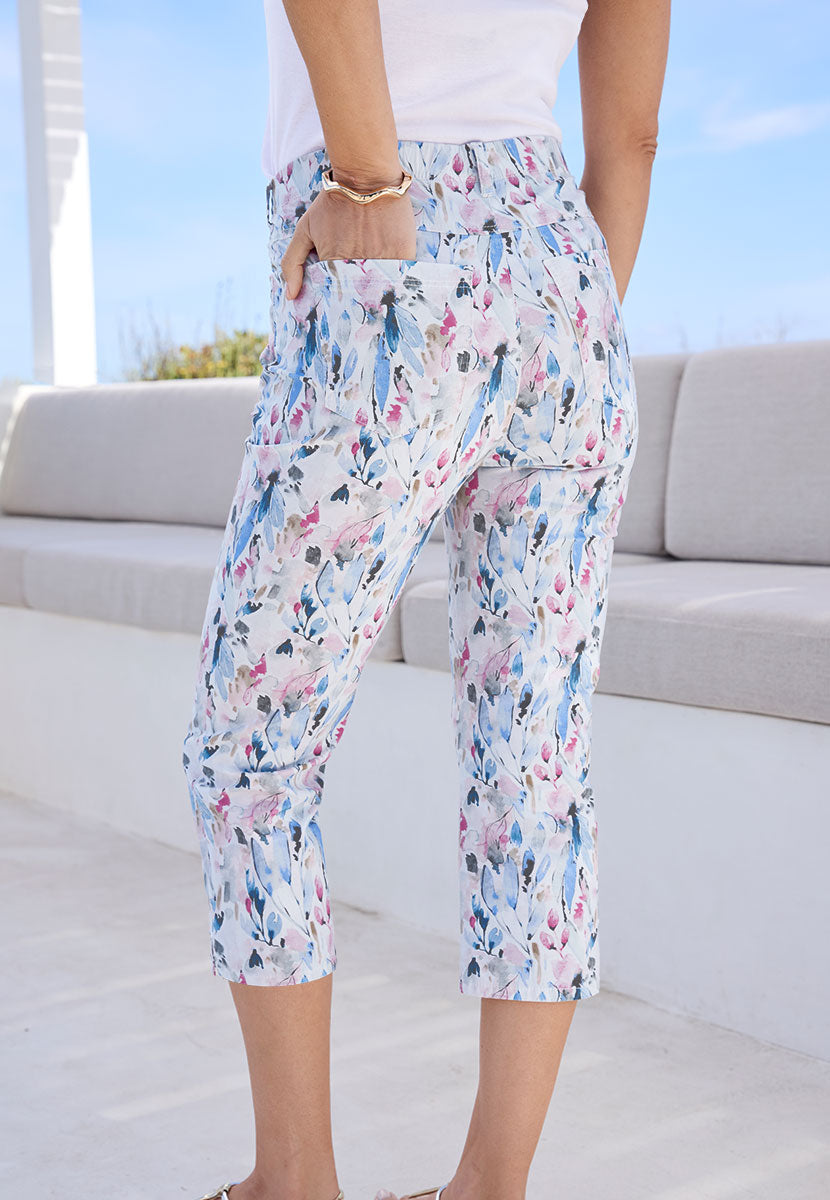 Toni - My Best Friend Cropped Trouser - Serino Floral Cotton Blend Cropped Trouser with Watercolour Print and Elasticated Waistband Back View