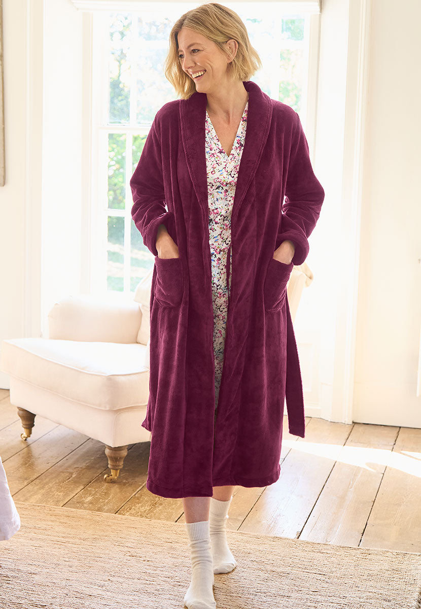 Tyla Plush Robe - Cassis Front Alt View with Rosalyn Nightdress in Palencia Print