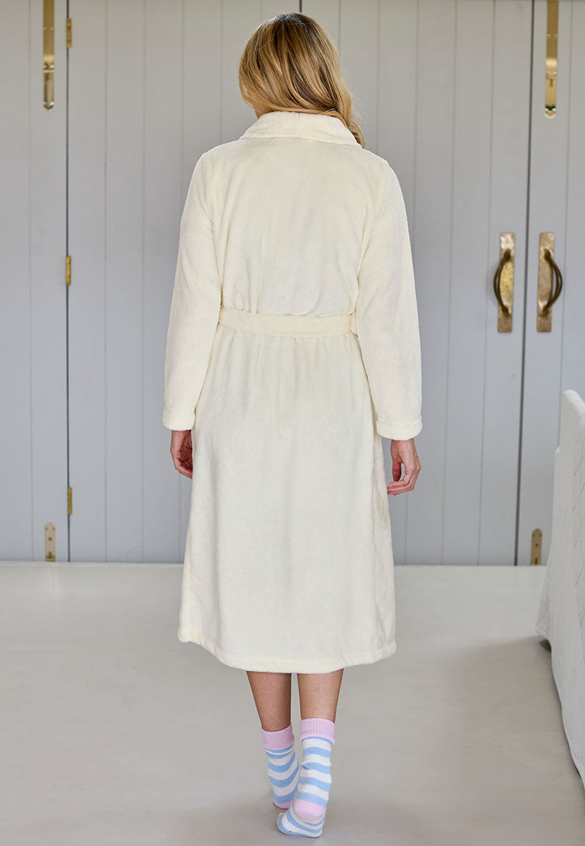 Tyla Plush Robe - Ivory Cosy Velvet-Soft Finish Tie Front with Pockets Back View