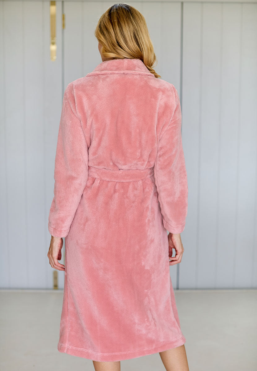 Tyla Plush Robe - Shell Pink Cosy Velvet-Soft Finish Tie Front with Pockets Back View