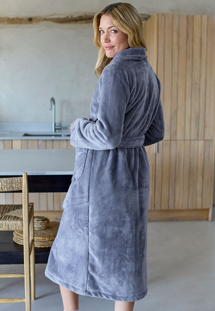 Tyla Plush Robe - Soft Denim Cosy Velvet-Soft Finish Tie Front with Pockets Back View
