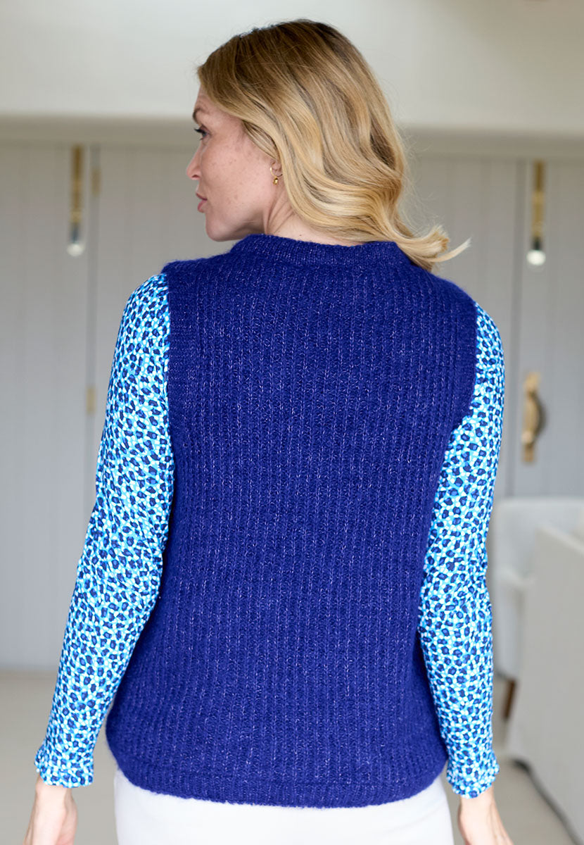 Una Double Neck Sleeveless Tank - Midnight Dark Blue Alpaca Blend Crew Neck All-Over Rib Knit Wearable Layer from Peruvian Alpaca Yarn Back View
