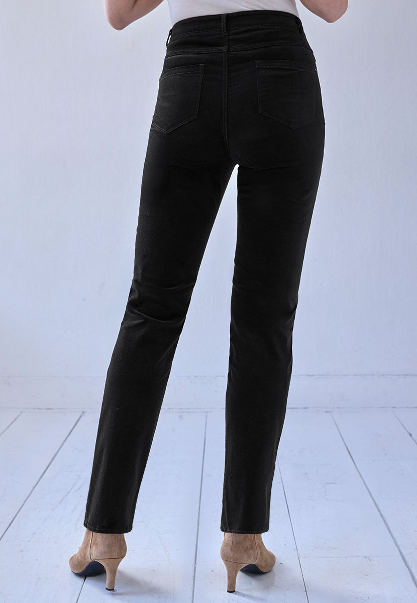 Vanessa High Rise Velvet Trouser 27 Inch Leg - Black Elevate A Casual Look Soft Rich Velvet Shape Retaining Stretch with 5 Pocket Shape Zip Fly Back View