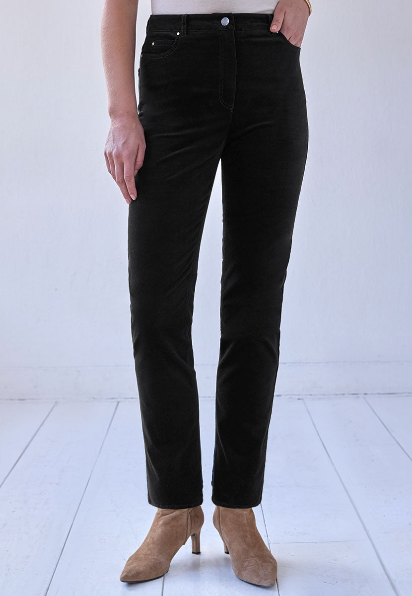 Vanessa High Rise Velvet Trouser 27 Inch Leg - Black Elevate A Casual Look Soft Rich Velvet Shape Retaining Stretch with 5 Pocket Shape Zip Fly Front Alt View