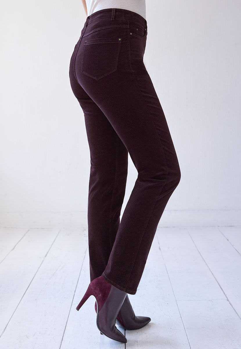 Vanessa High Rise Velvet Trouser 27 Inch Leg - Blackcurrant Elevate A Casual Look Soft Rich Velvet Shape Retaining Stretch with 5 Pocket Shape Zip Fly Back View