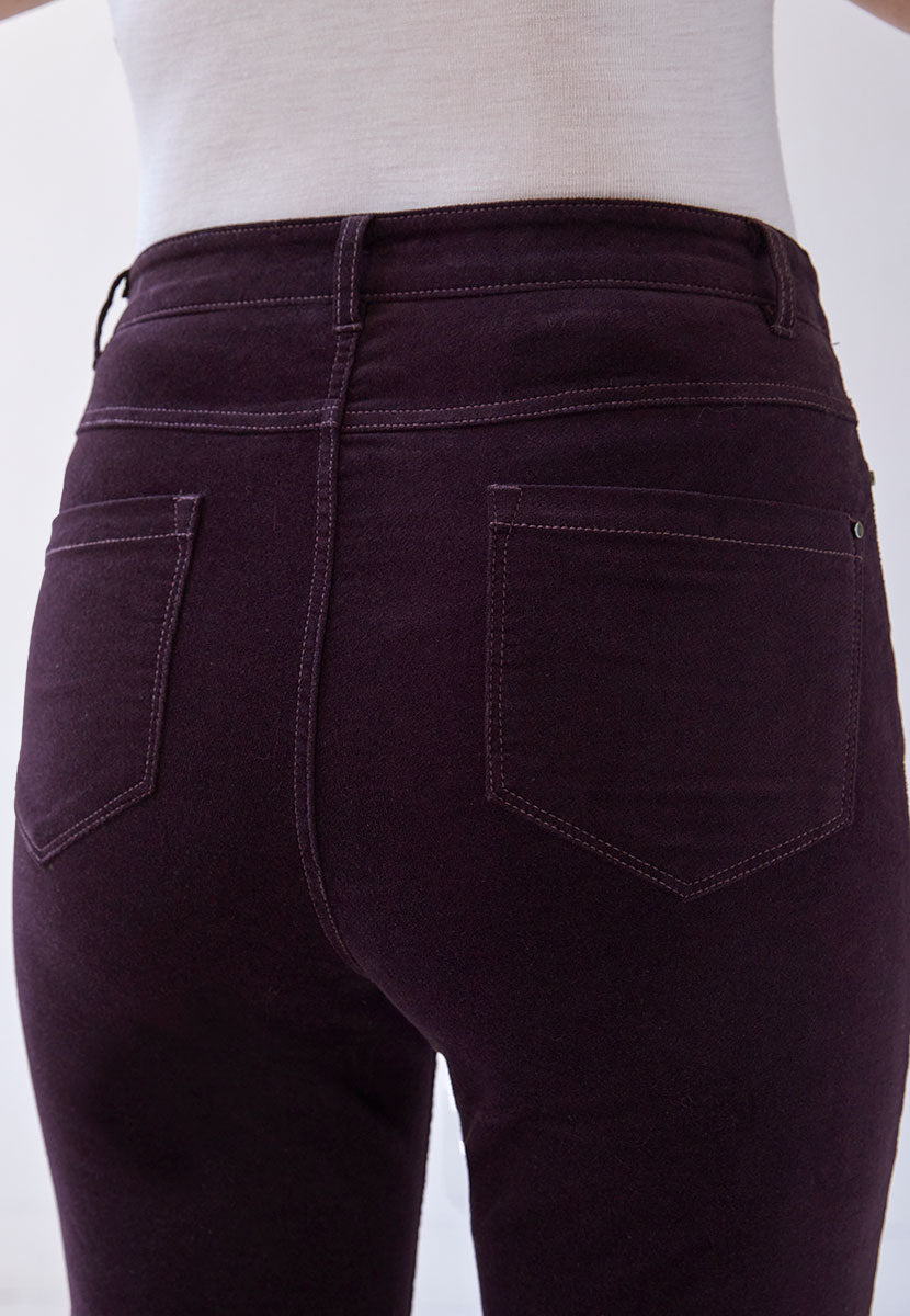 Vanessa High Rise Velvet Trouser 27 Inch Leg - Blackcurrant Elevate A Casual Look Soft Rich Velvet Shape Retaining Stretch with 5 Pocket Shape Zip Fly Back Detail View