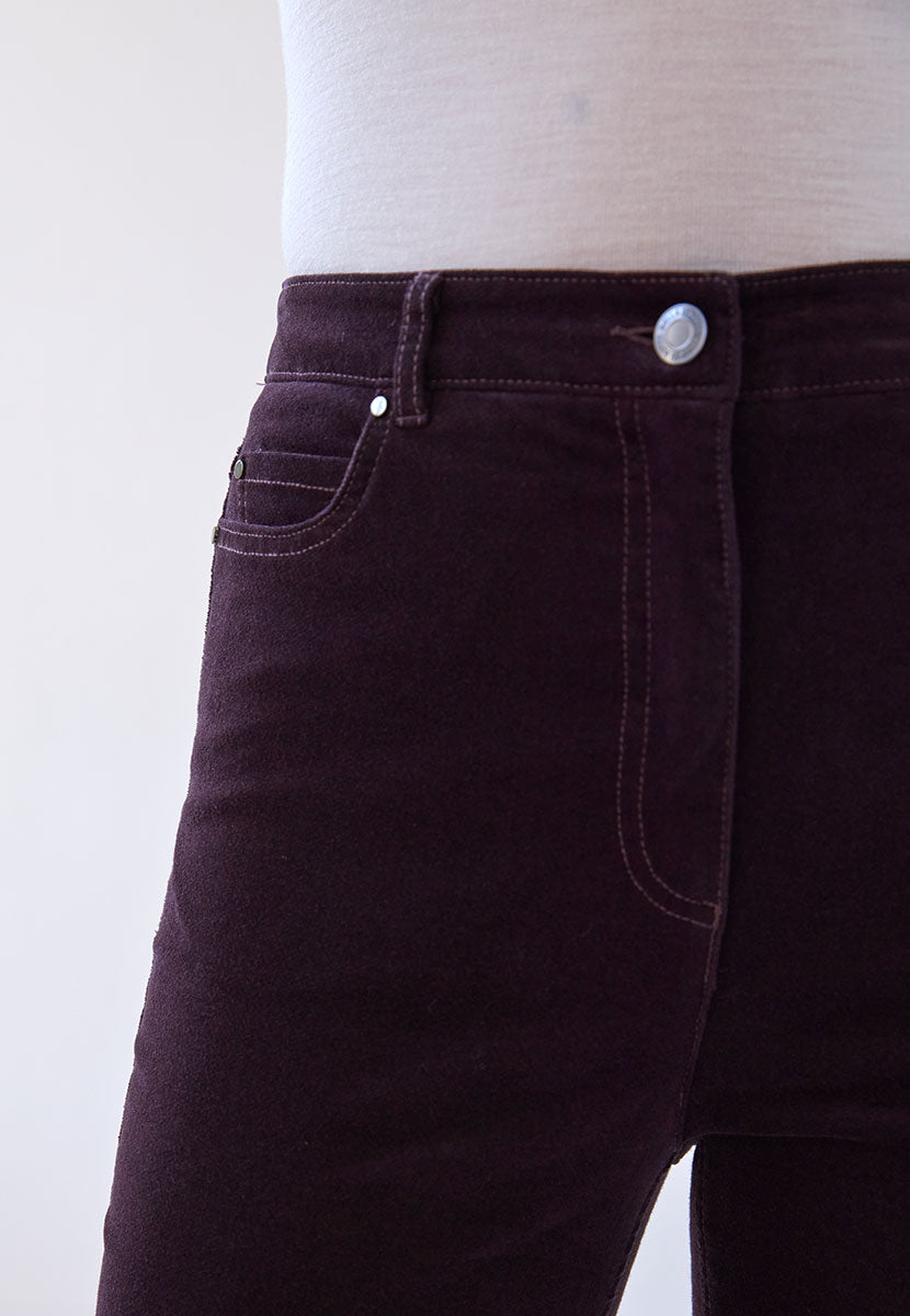 Vanessa High Rise Velvet Trouser 27 Inch Leg - Blackcurrant Elevate A Casual Look Soft Rich Velvet Shape Retaining Stretch with 5 Pocket Shape Zip Fly Front Detail View
