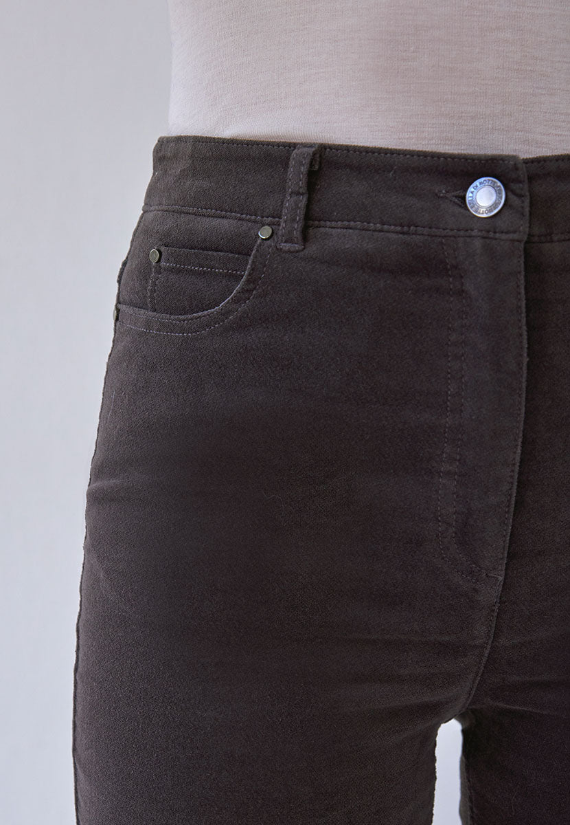Vanessa High Rise Velvet Trouser 27 Inch Leg - Charcoal Elevate A Casual Look Soft Rich Velvet Shape Retaining Stretch with 5 Pocket Shape Zip Fly Front etail View