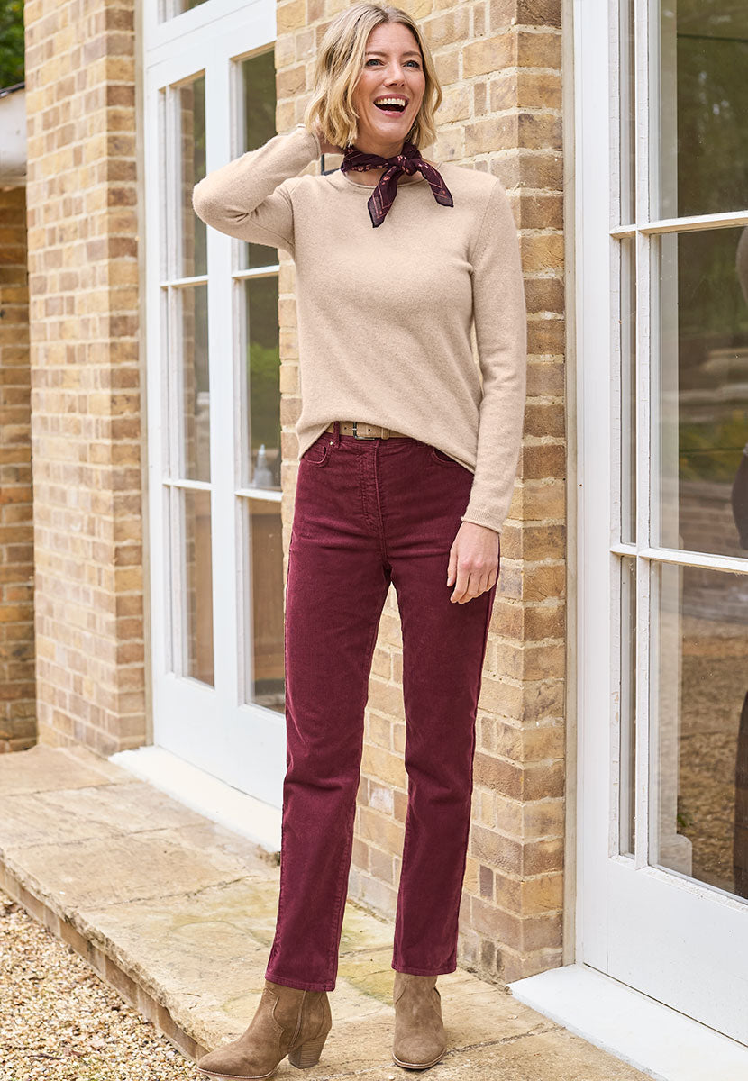 Vanessa Straight Leg Cord Trouser - Dark Berry Front View