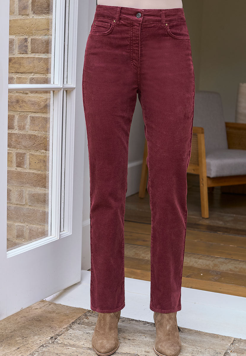 Vanessa Straight Leg Cord Trouser - Dark Berry Front Alt View