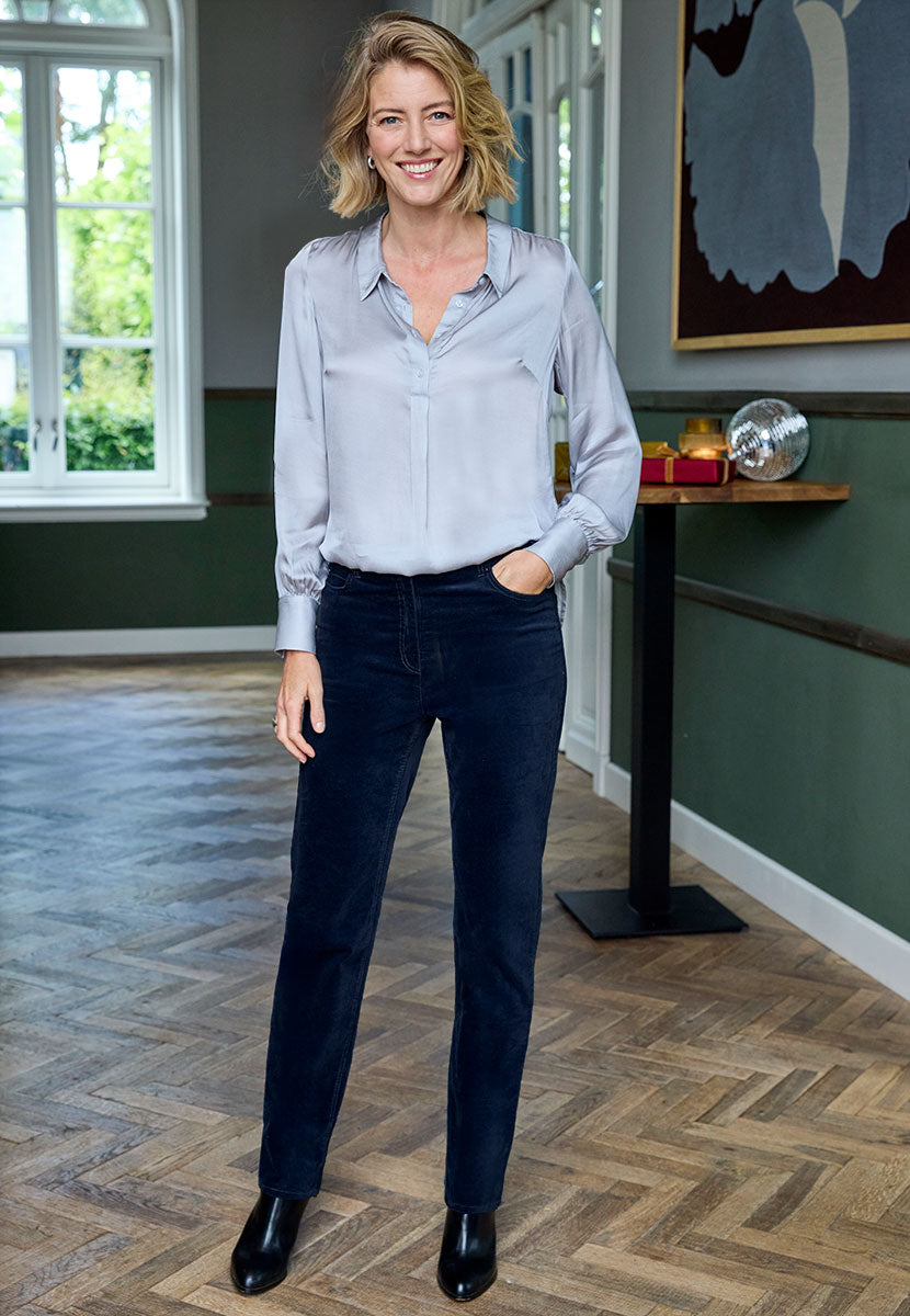 Vanessa High Rise Velvet Trouser - Dark Navy