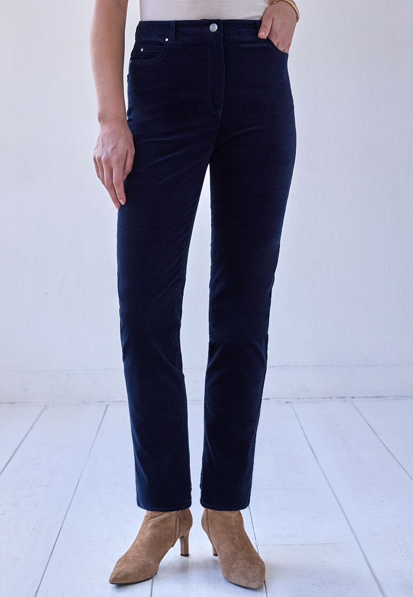 Vanessa High Rise Velvet Trouser 27 Inch Leg - Dark Navy Elevate A Casual Look Soft Rich Velvet Shape Retaining Stretch with 5 Pocket Shape Zip Fly Front Alt View