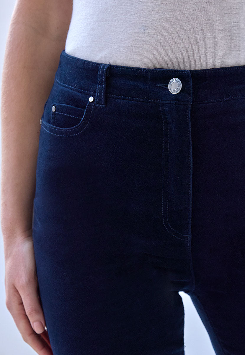 Vanessa High Rise Velvet Trouser 27 Inch Leg - Dark Navy Elevate A Casual Look Soft Rich Velvet Shape Retaining Stretch with 5 Pocket Shape Zip Fly Front Detail View