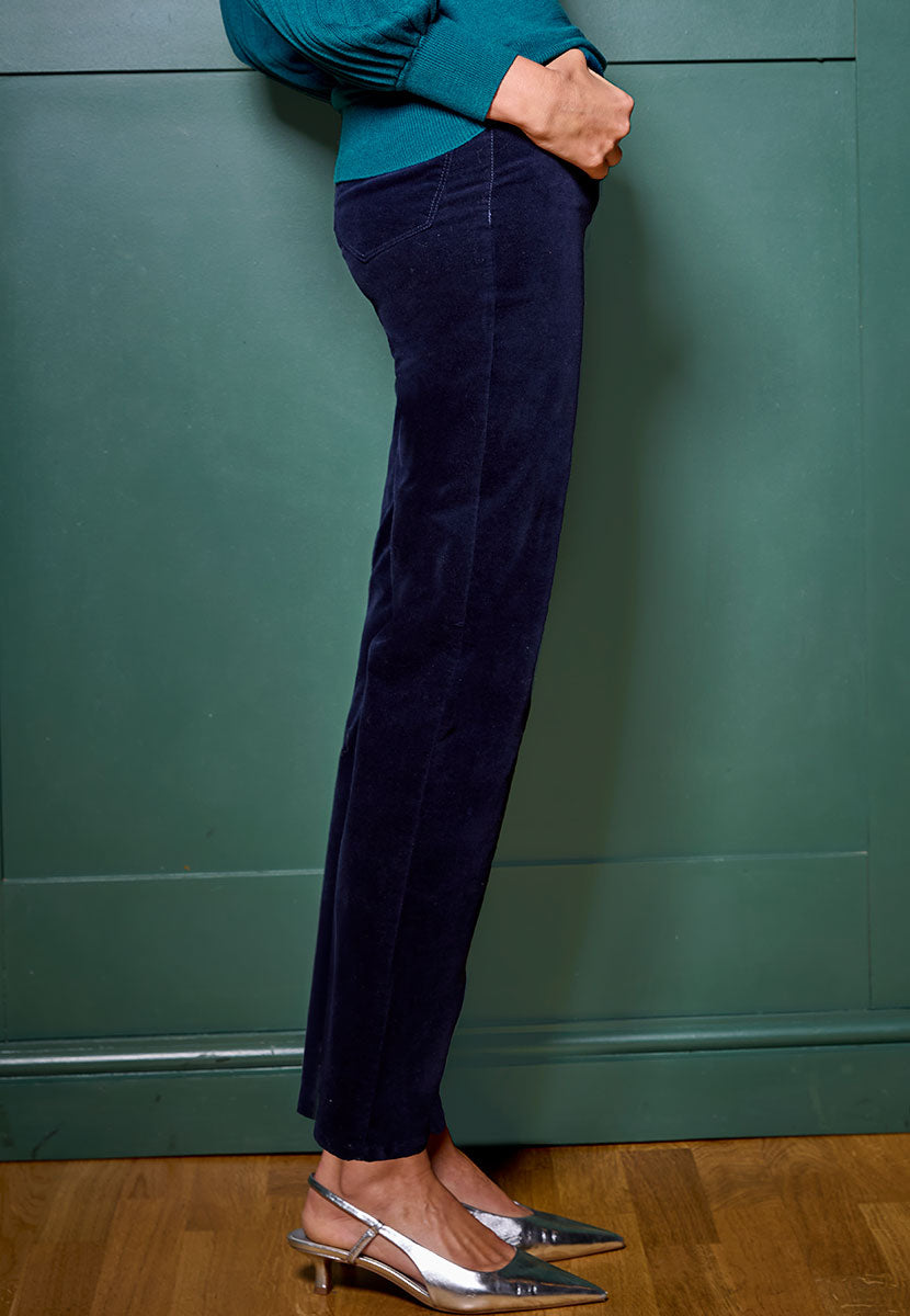 Vanessa High Rise Velvet Trouser - Dark Navy Side View