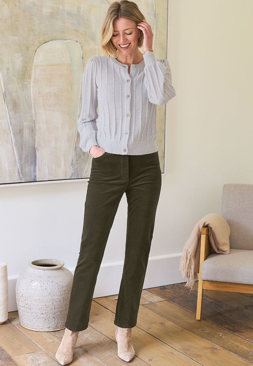 Vanessa High Rise Velvet Trouser - Deep Fern Front View