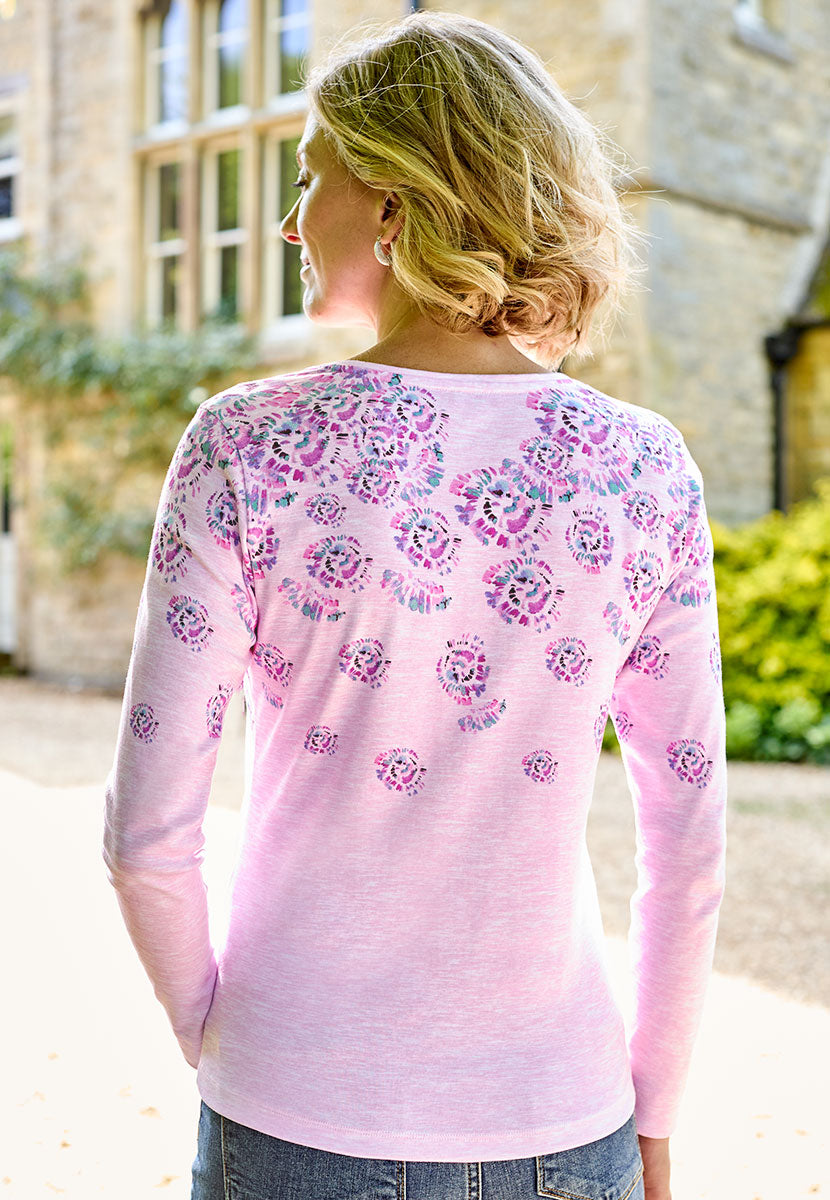 Verena Long Sleeve Cotton Top - Pink Marl Pink Purple Modern Flattering Print Digitally Printed on BCI Cotton Top Back View