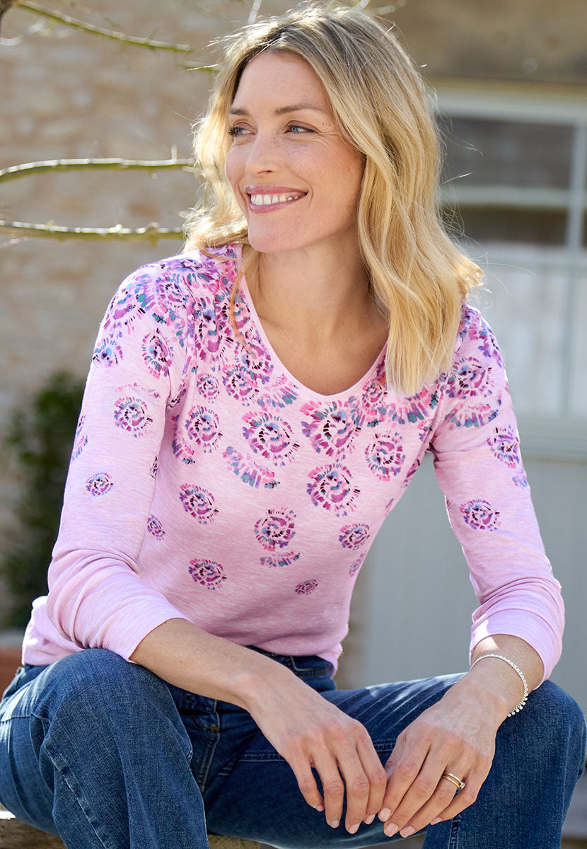 Verena Long Sleeve Cotton Top - Pink Marl Pink Purple Modern Flattering Print Digitally Printed on BCI Cotton Top Front Alt View