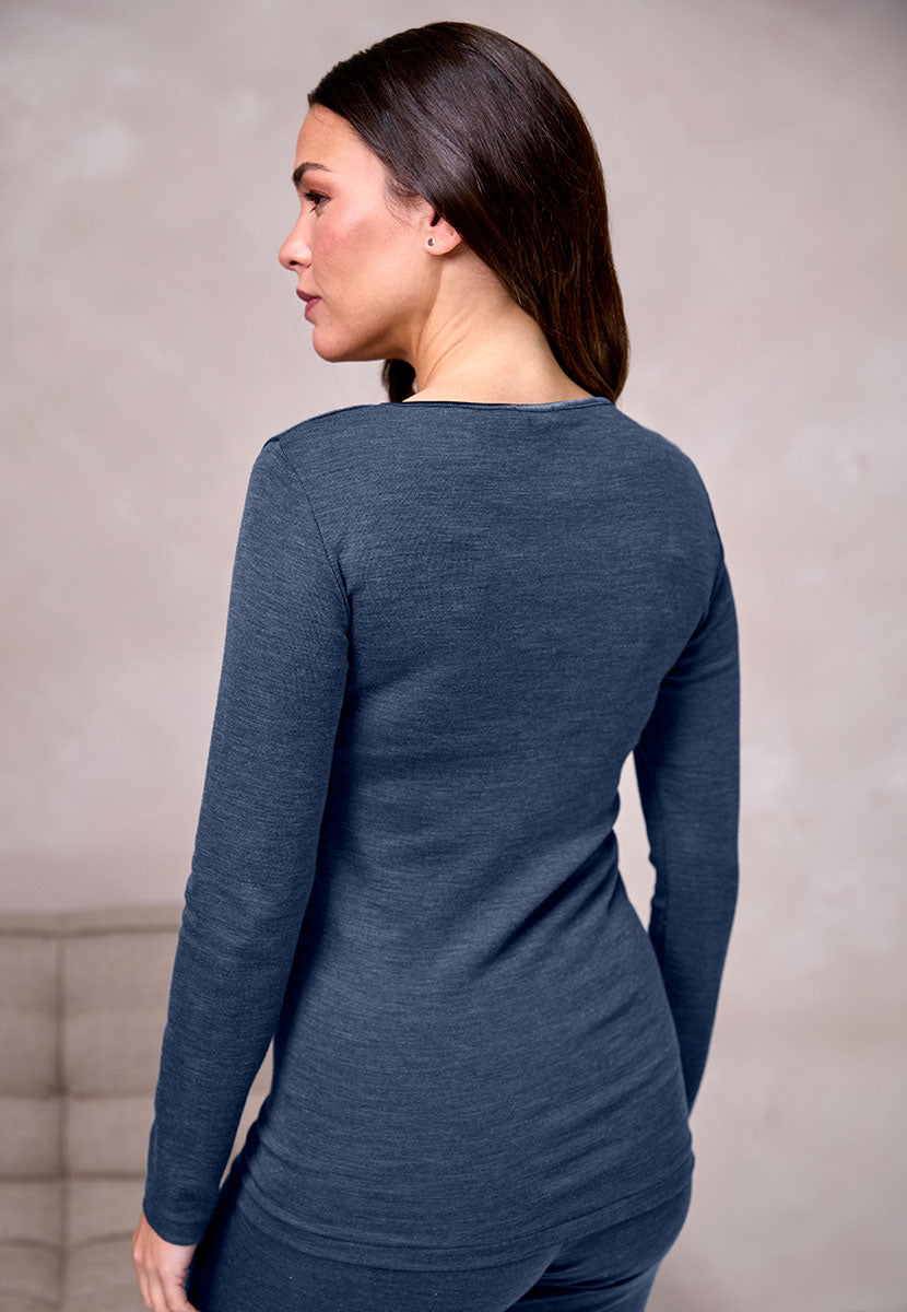 Verona Thermal Long Sleeve Vest - Denim Fine Gauge Merino Wool and Silk Interlocked with Fine Cotton For Skin-Kind Thermal Finish Side Seam Free Back View