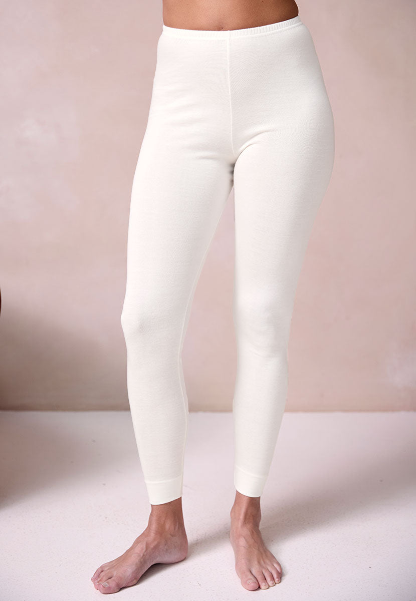 Cotton Lined Long Johns - Ivory Cotton Lined Smooth Cosy Elasticated Waist Trousers for Relaxing at Home Cotton Merino Silk Mix