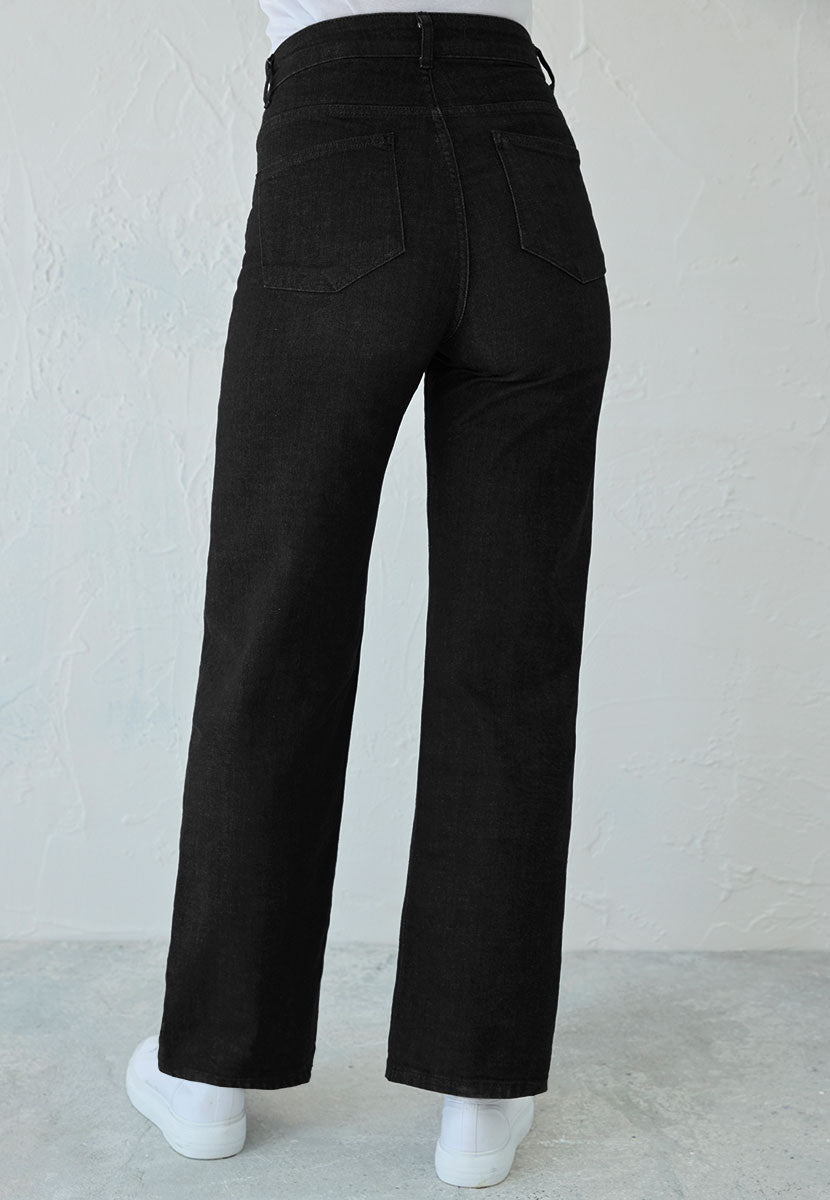 Willow Wide Leg Jean 27 Inch Leg - Black Zip Fly High Rise Slim Hip and Loose Leg Jean Back View