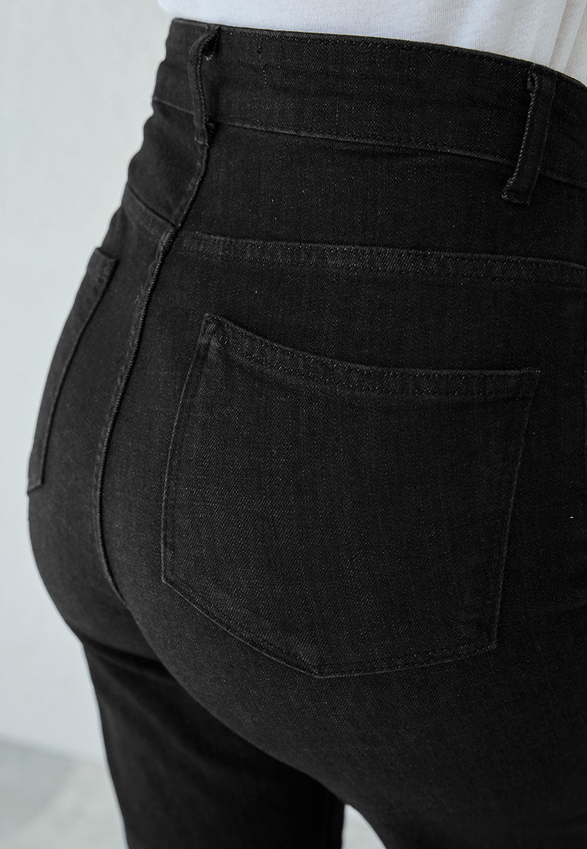 Willow Wide Leg Jean 27 Inch Leg - Black Zip Fly High Rise Slim Hip and Loose Leg Jean Back Detail View