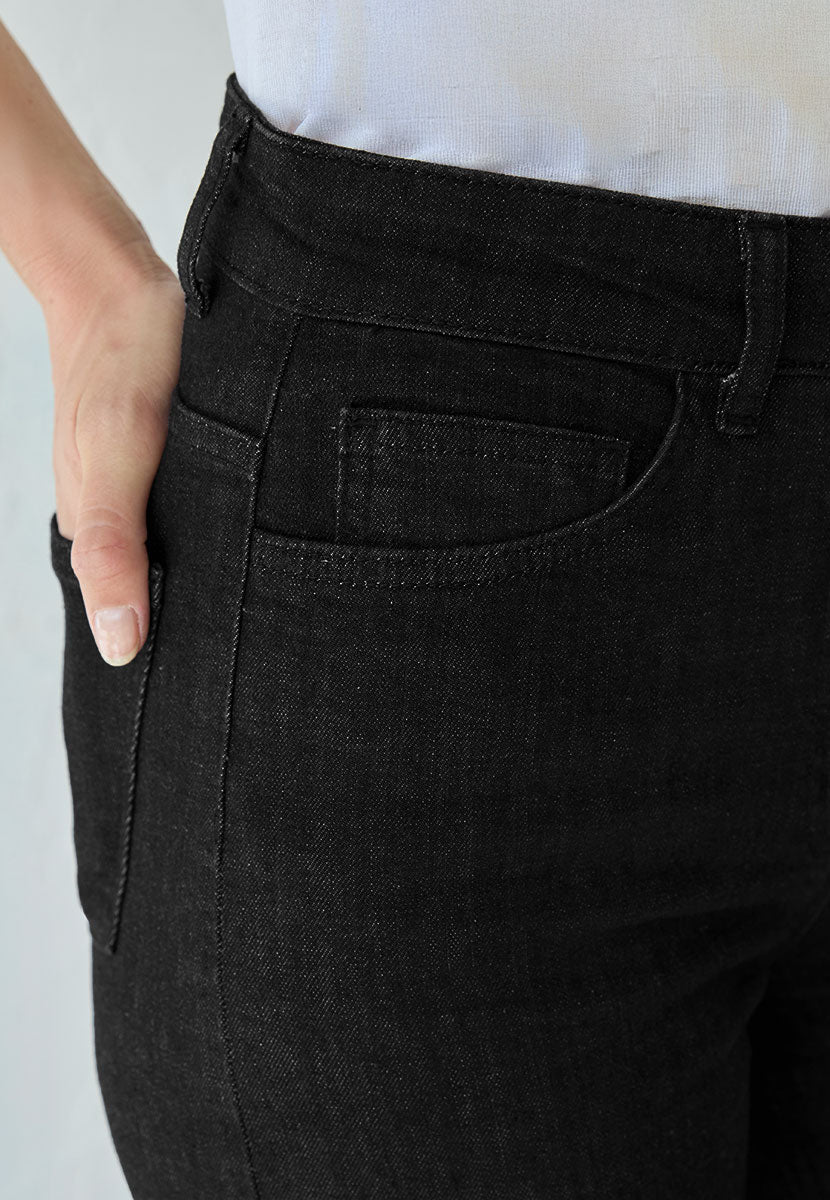 Willow Wide Leg Jean 27 Inch Leg - Black Zip Fly High Rise Slim Hip and Loose Leg Jean Front Detail View